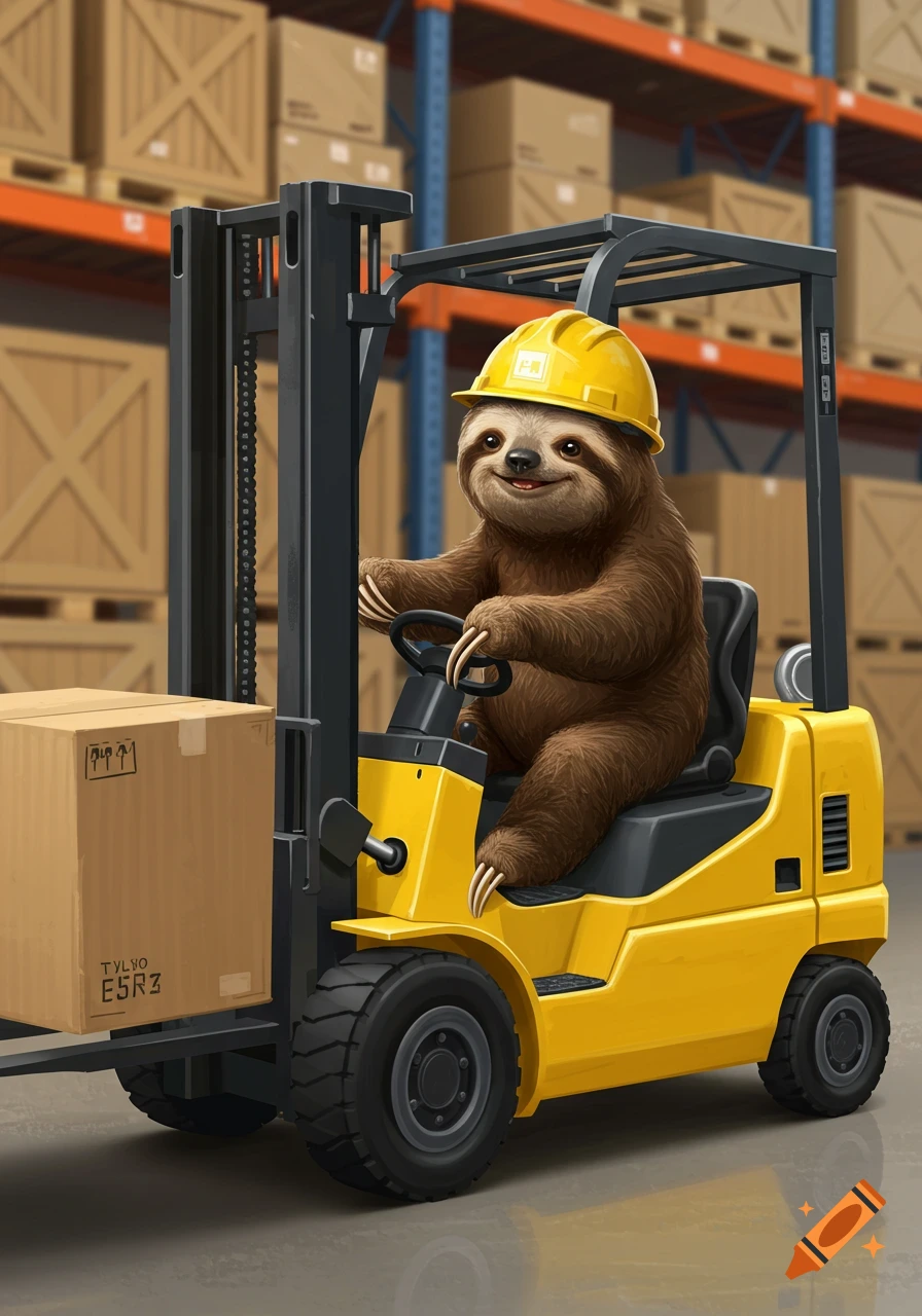 A cartoon sloth wearing a yellow hardhat drives a yellow forklift carrying a box in a warehouse.