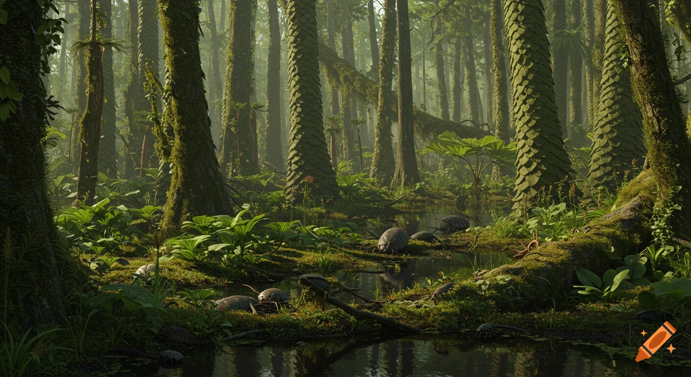 A view of a prehistoric swamp with large trees and insect-like creatures near the water.