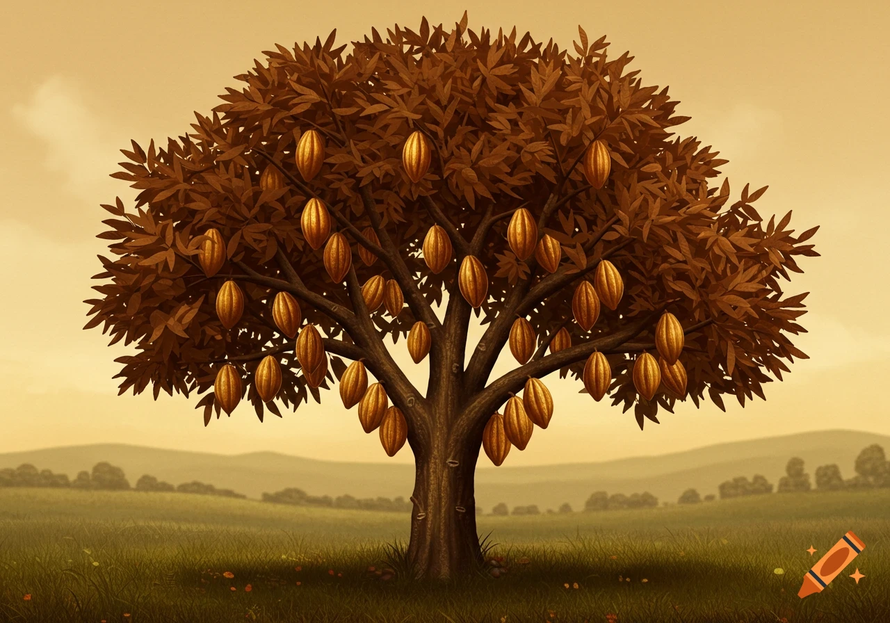 A cocoa tree laden with pods stands in a grassy field under a warm sky.