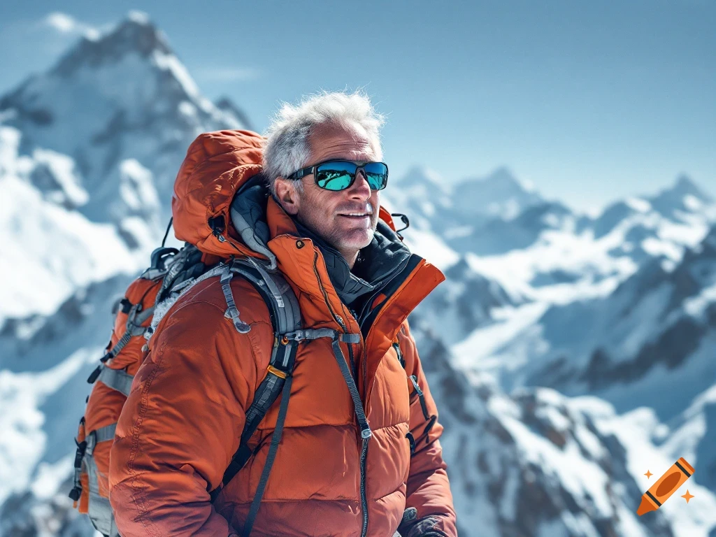 Man in orange jacket and backpack on a snowy mountain peak
