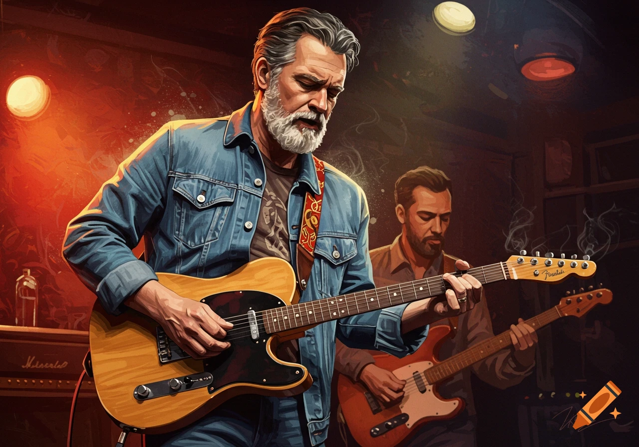 Two men play guitars on a stage with stage lights in a painted style.