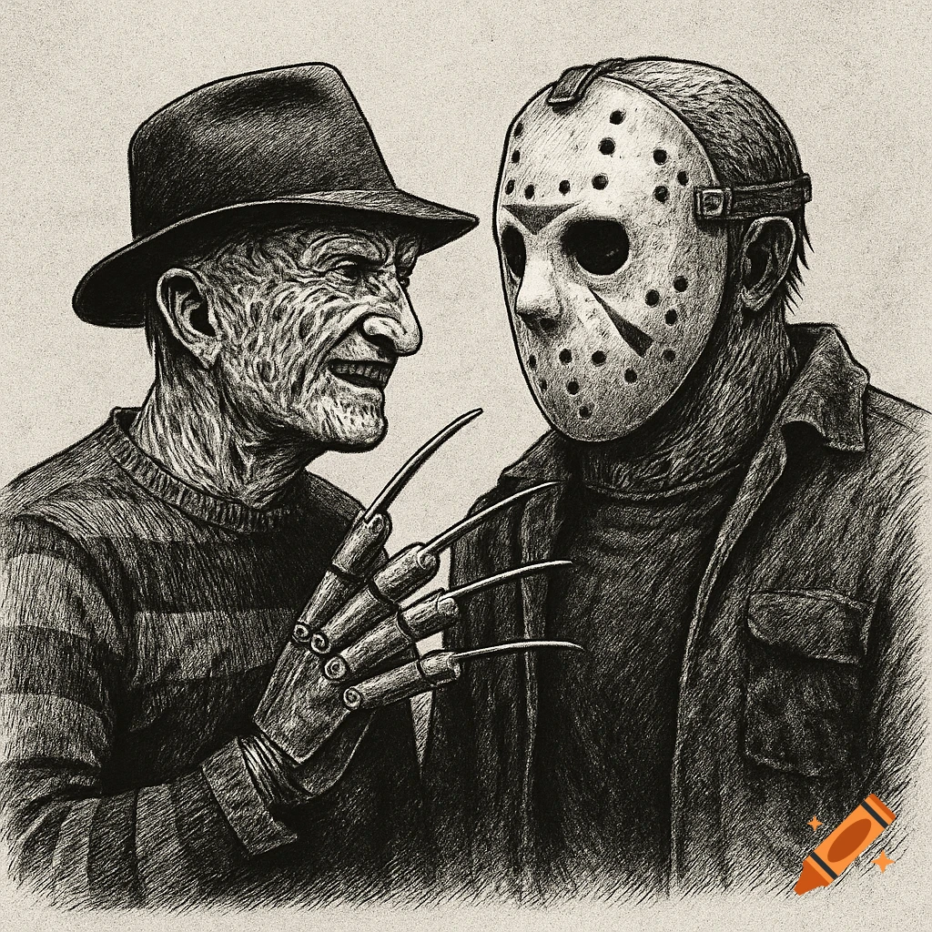 Black and white illustration of Freddy Krueger talking to Jason Vorhees.