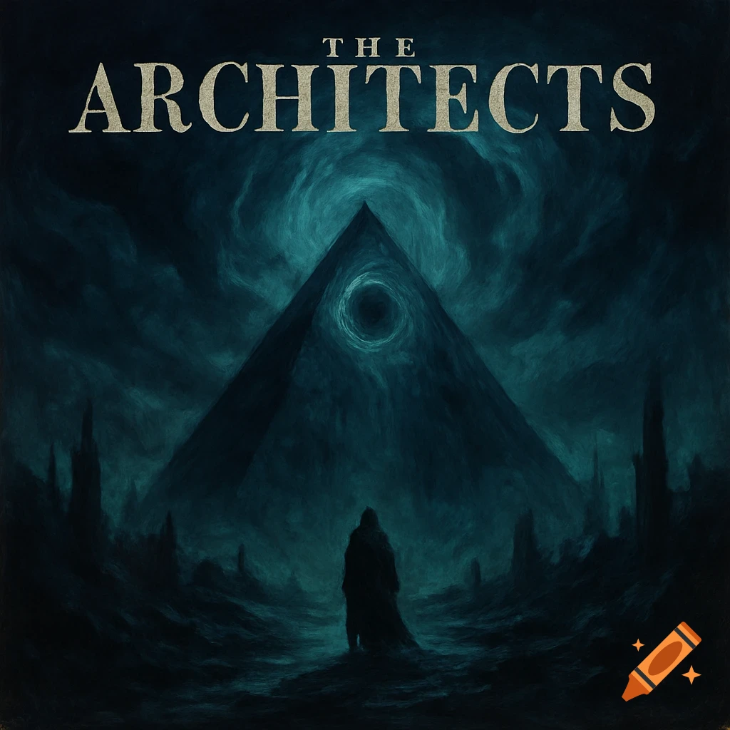 A cloaked figure stands before a giant dark pyramid with an eye symbol, under the text 'THE ARCHITECTS' in a mysterious, atmospheric landscape.
