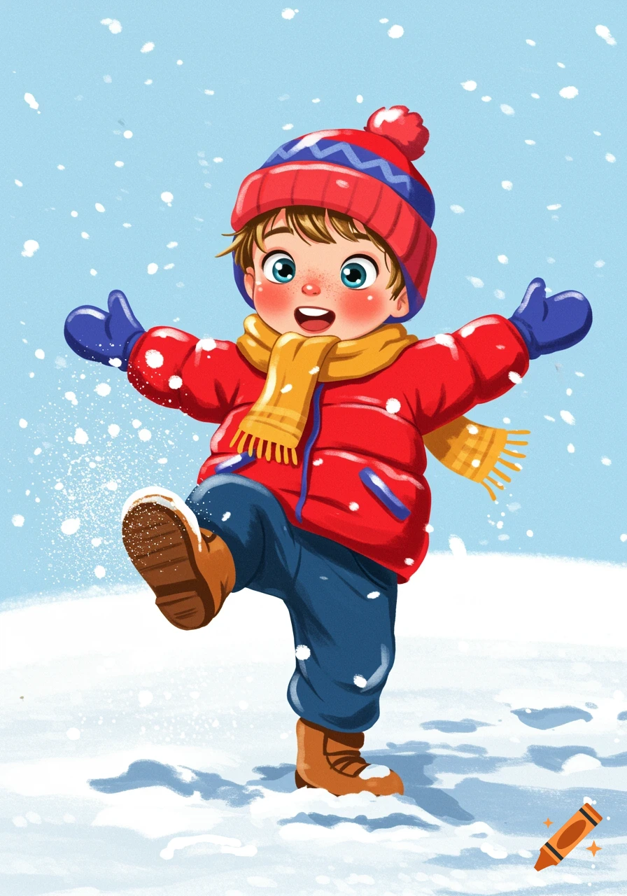 Happy child in winter clothes playing in the snow, clip art style