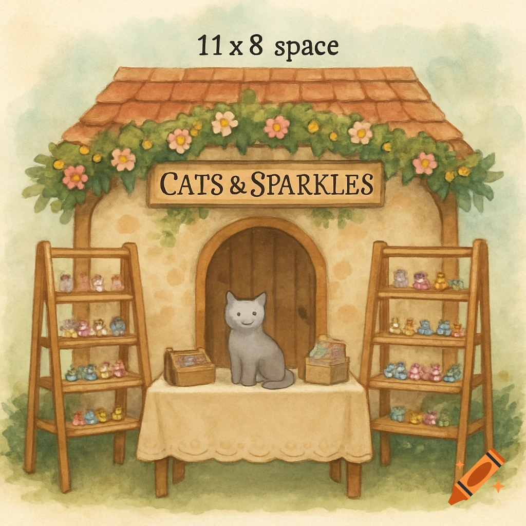 Watercolor illustration of a cat sitting in front of a shop with display racks.