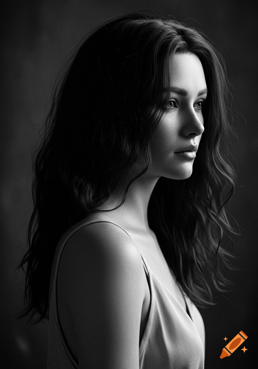 Realistic black and white portrait of a young woman with long hair in profile.