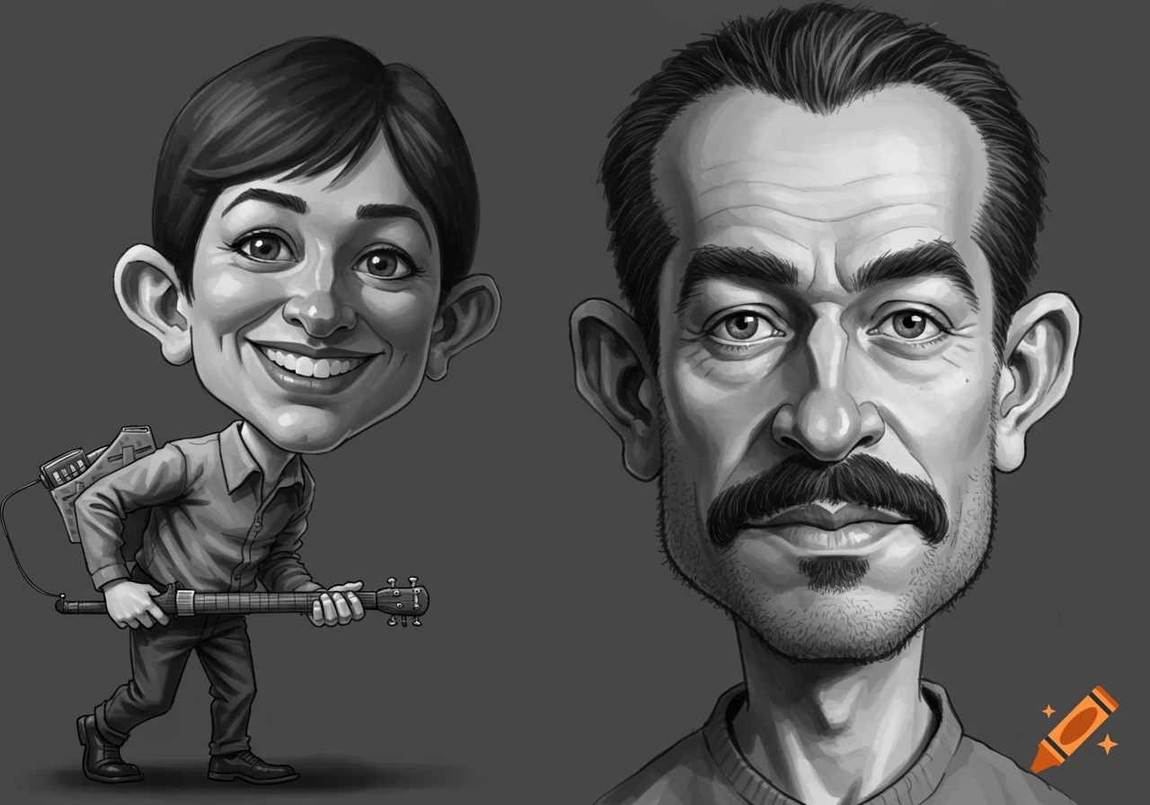 Black and white caricature of a man and a woman, one holding a guitar-like instrument.