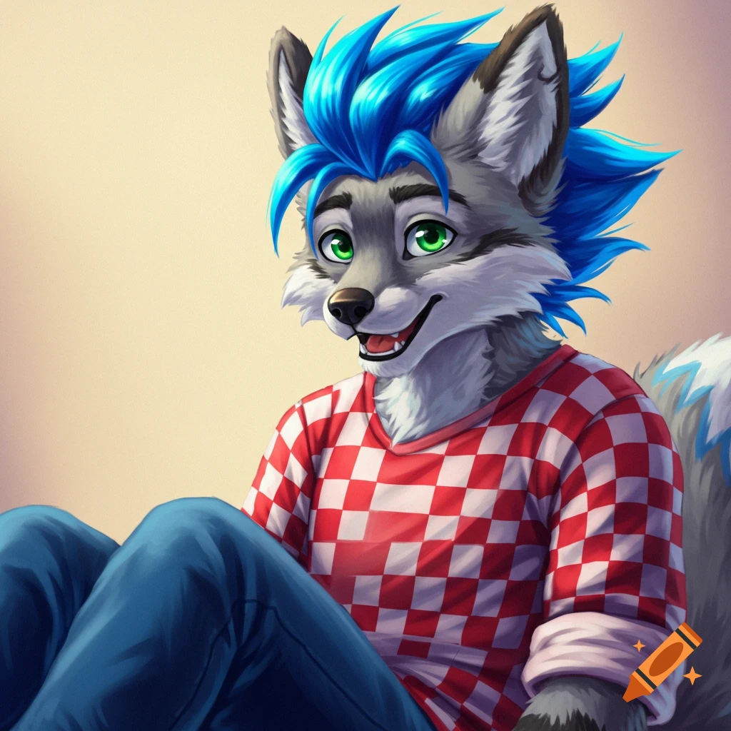 Gray fox fursona with blue hair and green eyes, wearing a red and white checkered shirt and blue jeans.