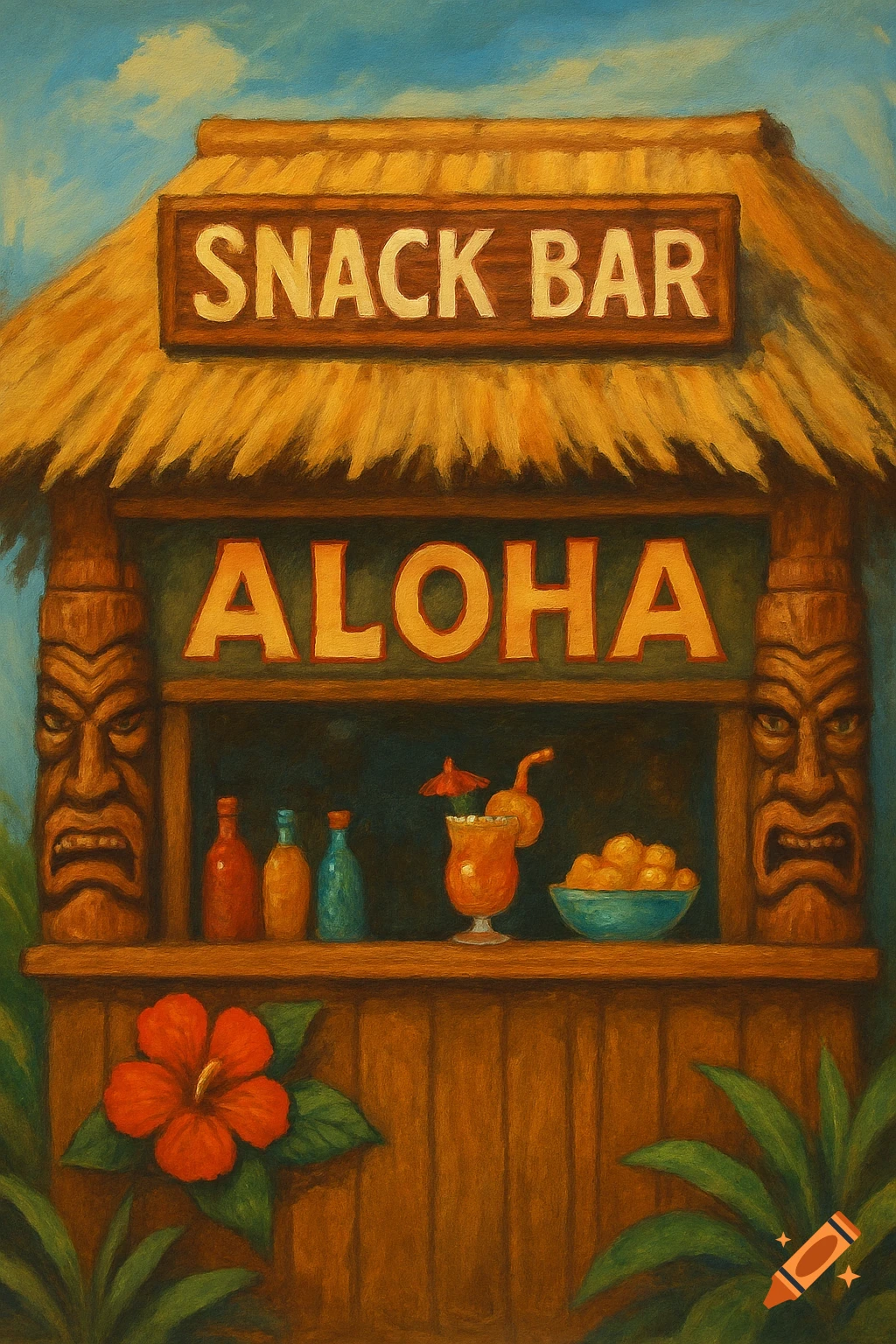 Painting of a tropical snack bar with signs saying 'SNACK BAR' and 'ALOHA', drinks, and tiki masks.