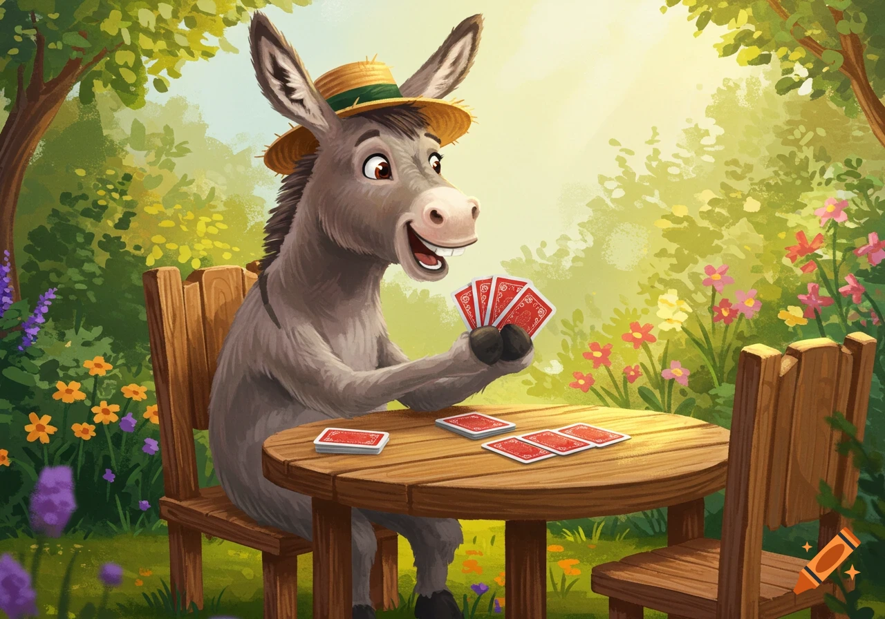 Cartoon donkey in a straw hat playing cards at a table in a garden illustration