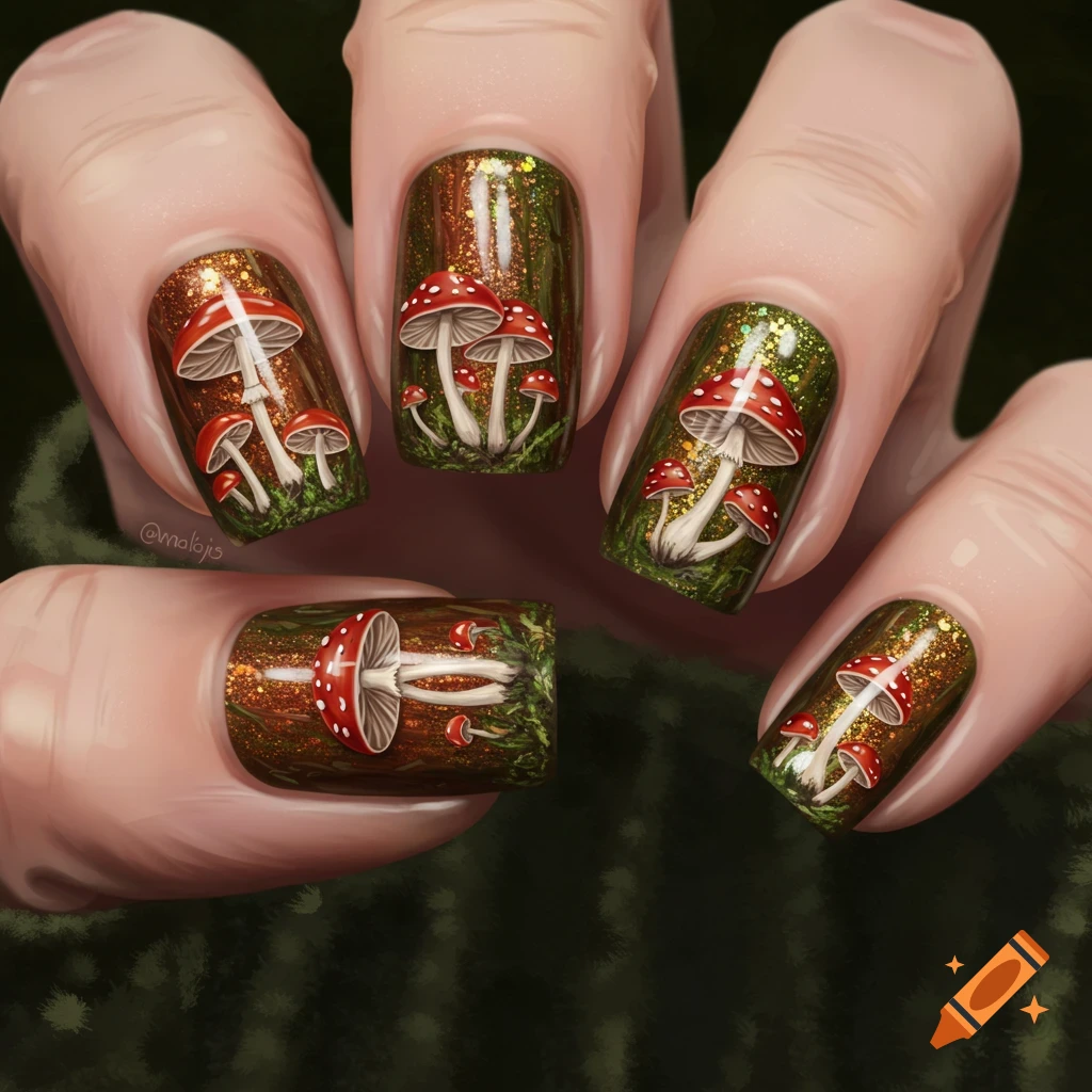 Close up of a hand with short nails decorated with mushroom and forest floor nail art.