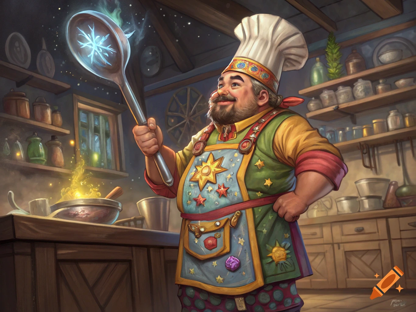 A fantasy chef in a kitchen holds up a magical spoon with a glowing snowflake.