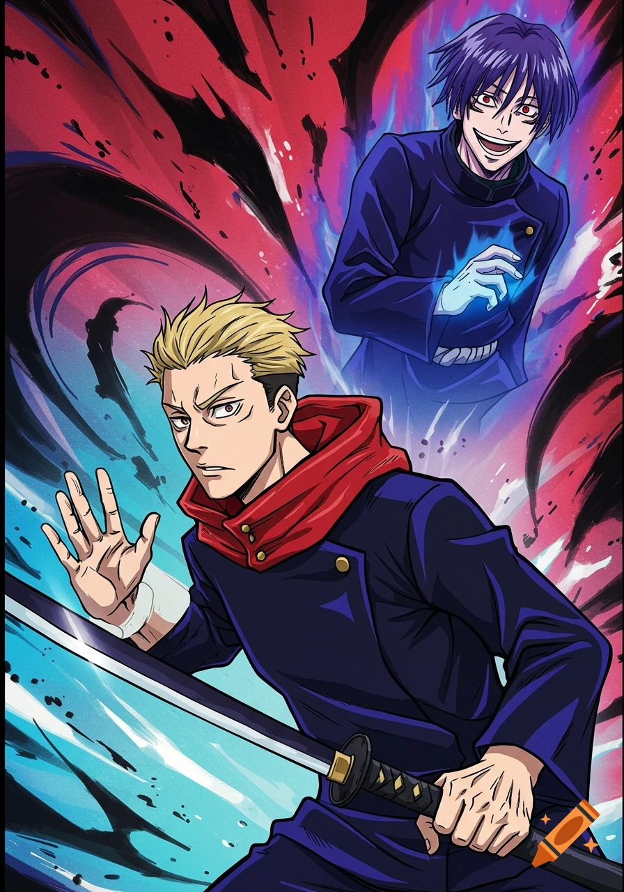 Two anime characters in action, one blond with a sword, one dark-haired with blue energy, against a red and black background.