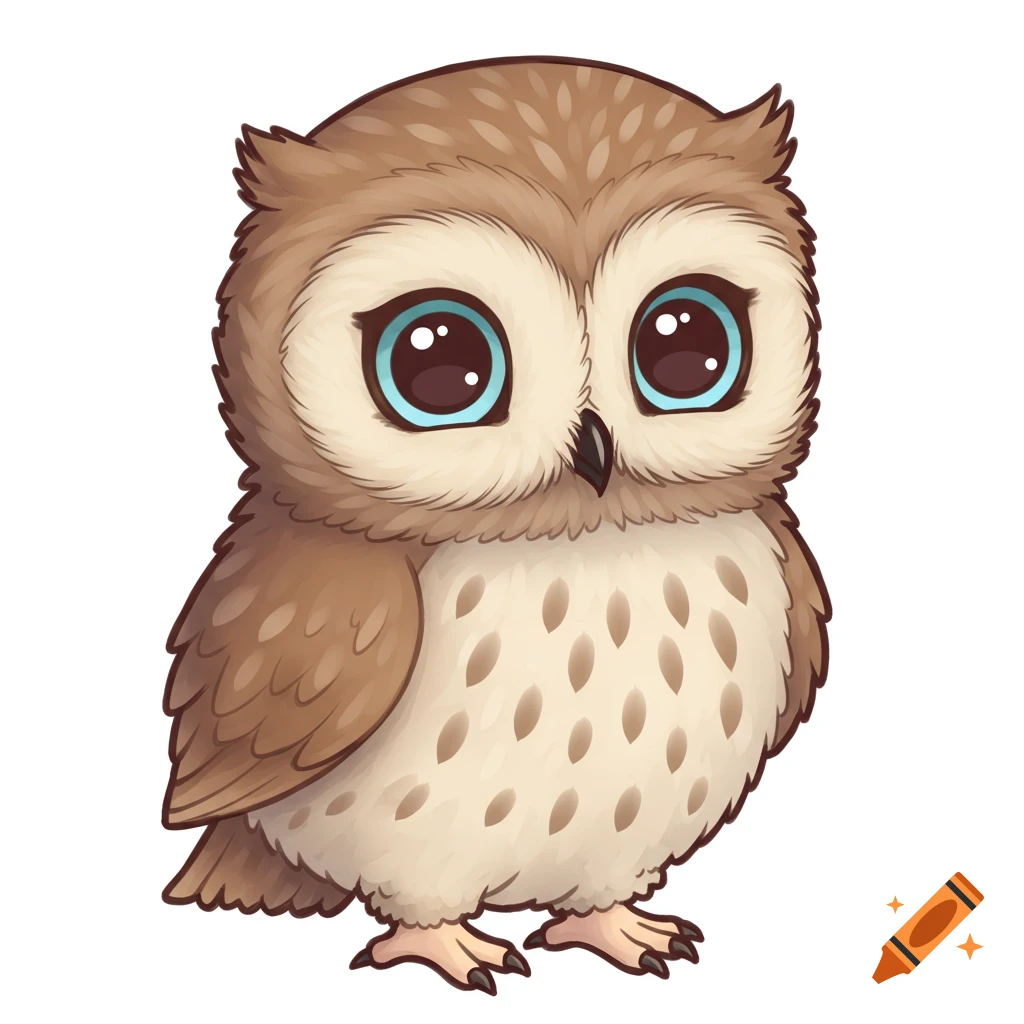 Cute brown owl with big blue eyes in a clipart style on a white background.