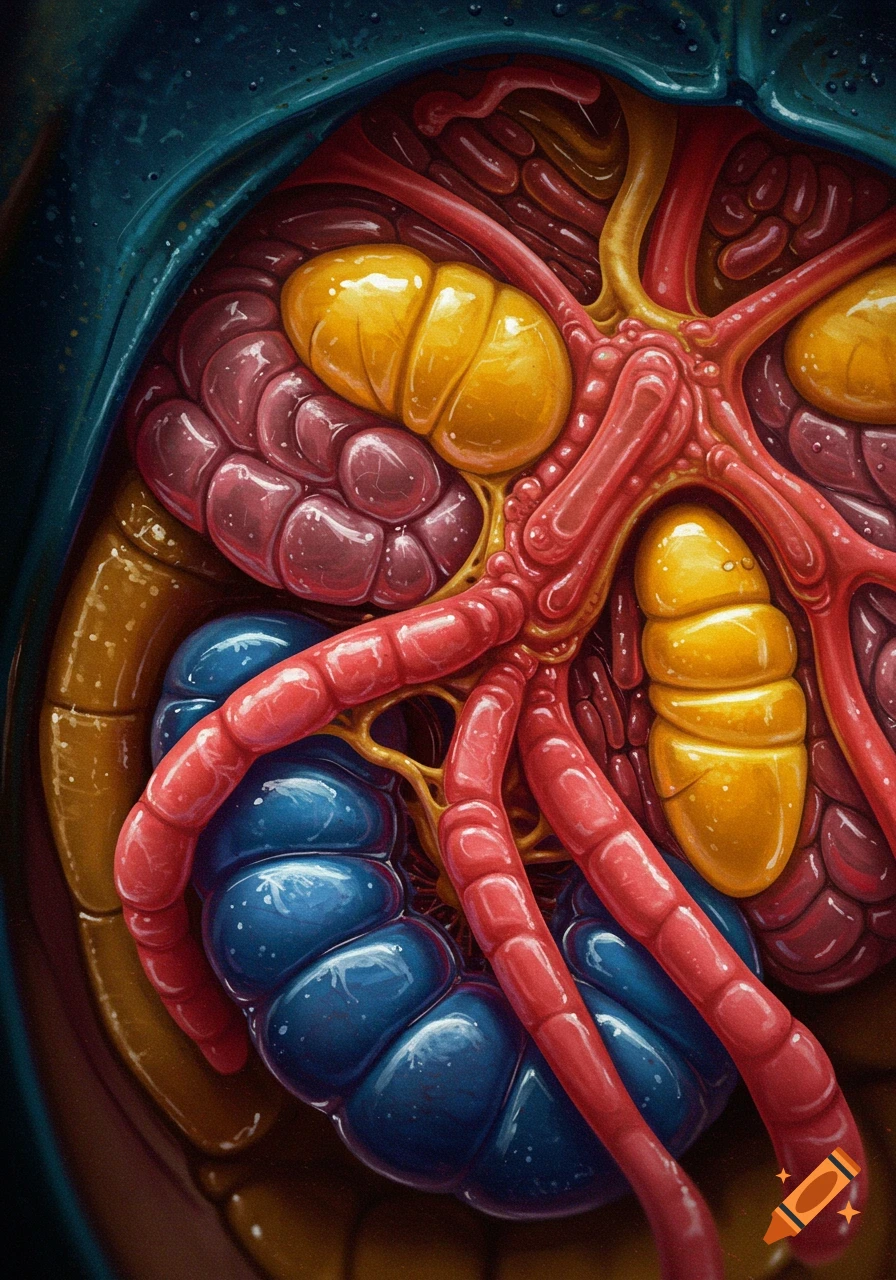 Abstract close-up of colorful stylized internal biological structures or bug anatomy