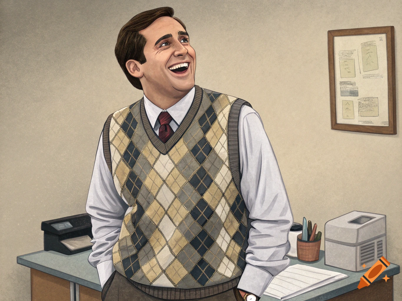 Illustration of a man resembling Michael Scott in an argyle sweater vest, laughing in an office setting.