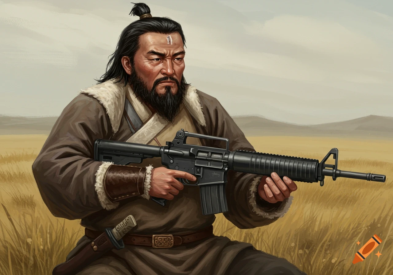 Illustration of a historical figure resembling Genghis Khan holding an M-16 rifle in a field.