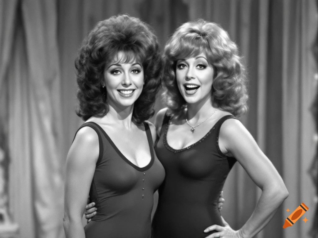Two women in black and white mimicking a two-headed woman stage illusion.