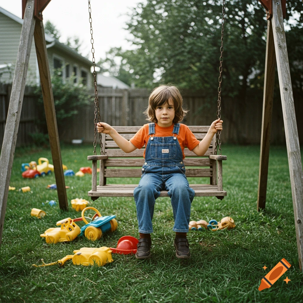 Child on a swing in a backyard filled with toys, 1970s photo style