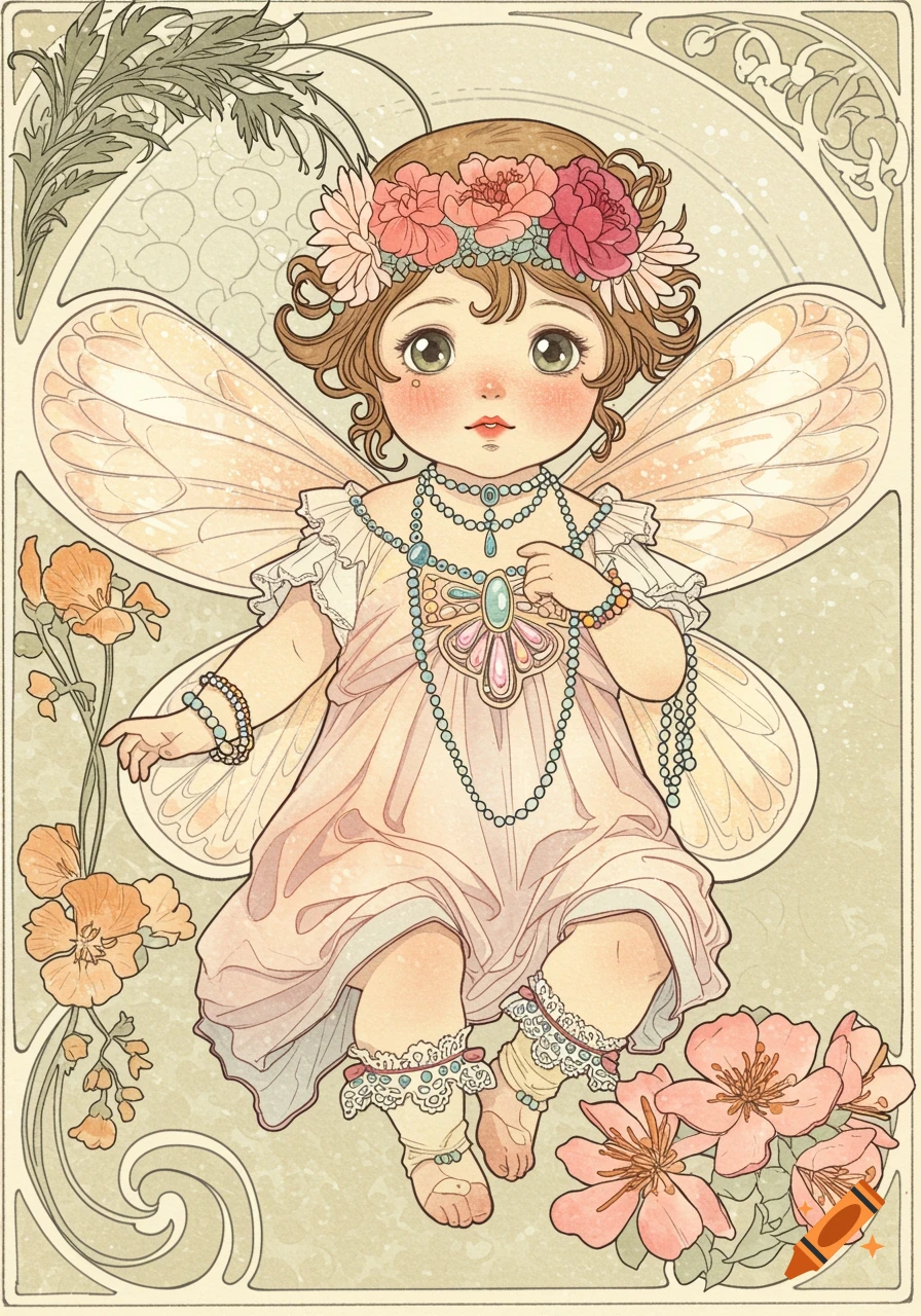 Art Nouveau illustration of a fairy baby with wings and flowers
