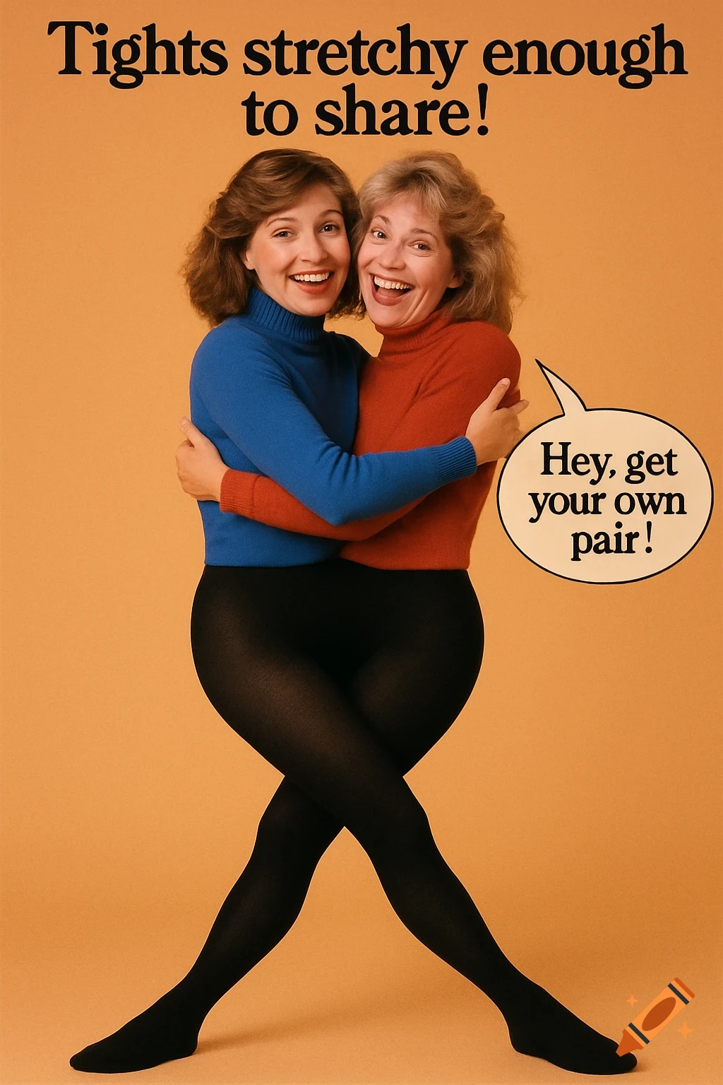 Two women in turtlenecks hug, appearing to share one pair of tights, text says 'Tights stretchy enough to share! Hey, get your own pair!'