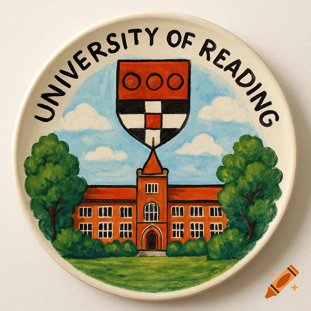 Painted plate with "University of Reading" text around the rim, depicting a university building, trees, and a coat of arms.