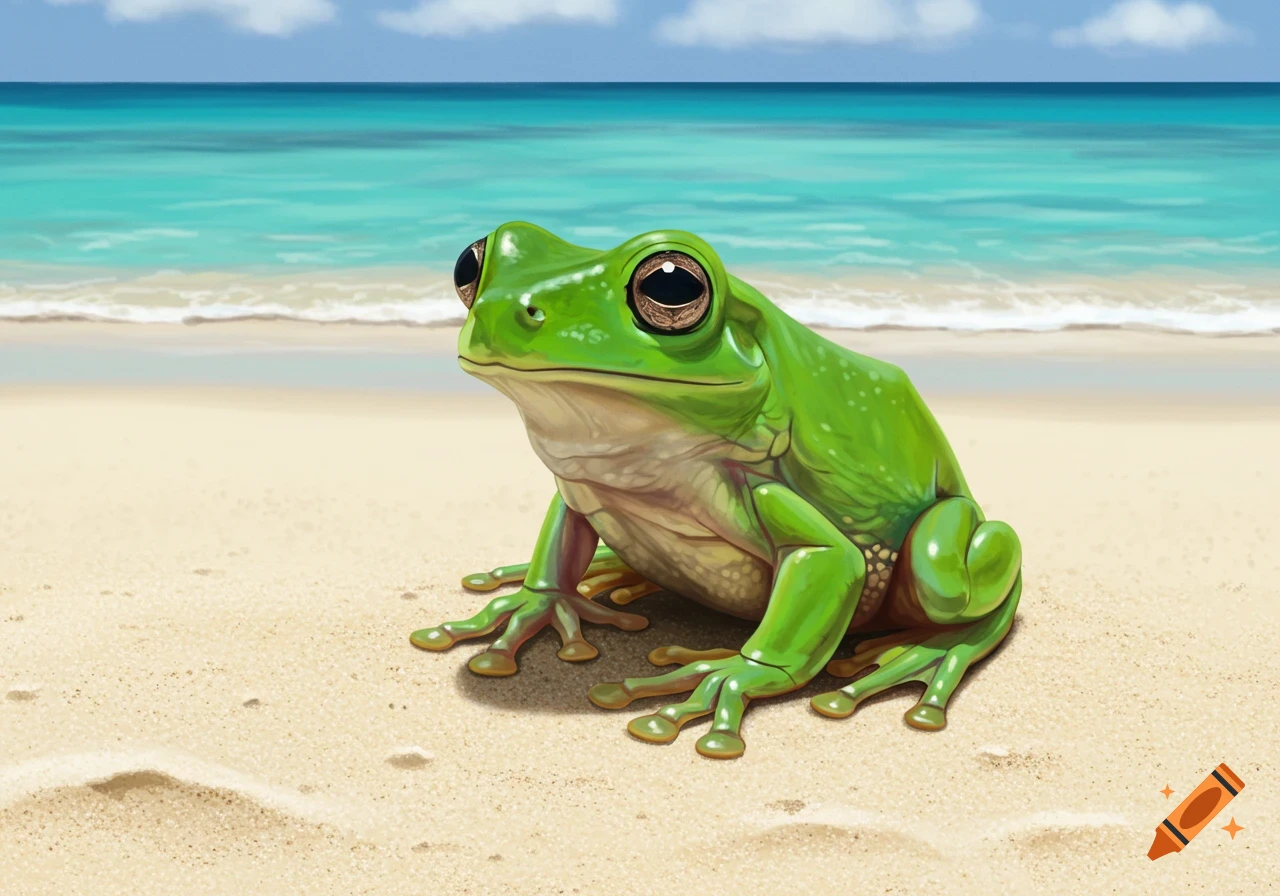 A bright green frog sits on a sandy beach near the ocean with blue sky.