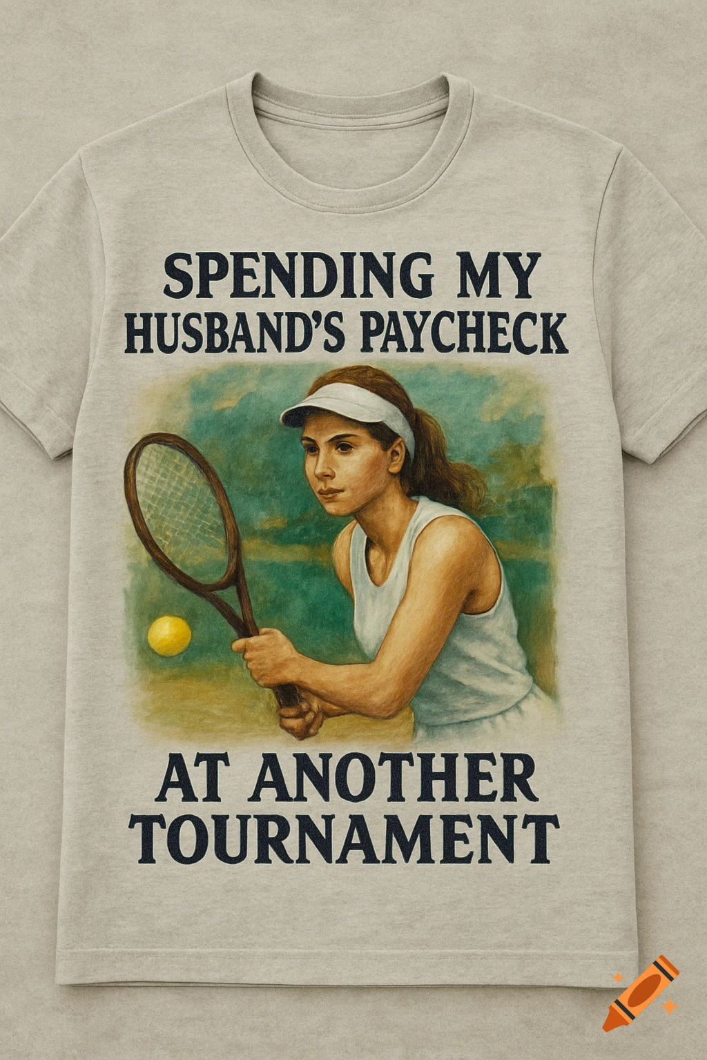 Illustration on a t-shirt of a woman playing tennis with humorous text.