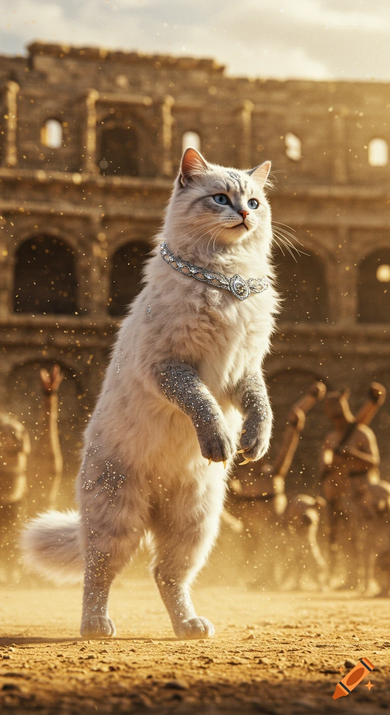 A fluffy white cat wearing a necklace stands on hind legs in a golden-lit ancient coliseum.