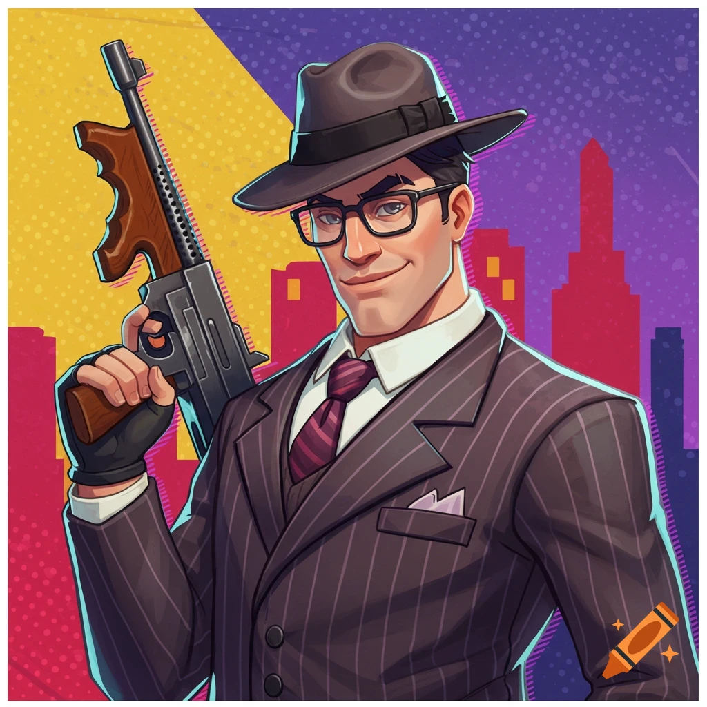 Stylized illustration of a man in a pinstripe suit, fedora, and glasses holding a Tommy gun, against a colorful, geometric city background.