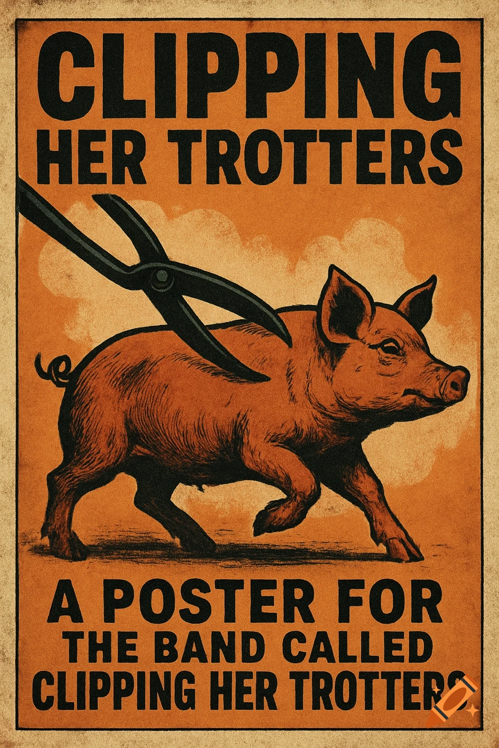Poster with text 'Clipping Her Trotters' and 'A Poster For The Band Called Clipping Her Trotters', showing a pig and large clippers.