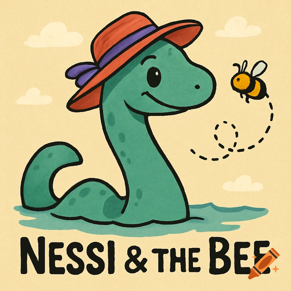 A cartoon Loch Ness Monster in a red hat looks at a bee flying nearby, with the text 'Nessi & the Bee' below.