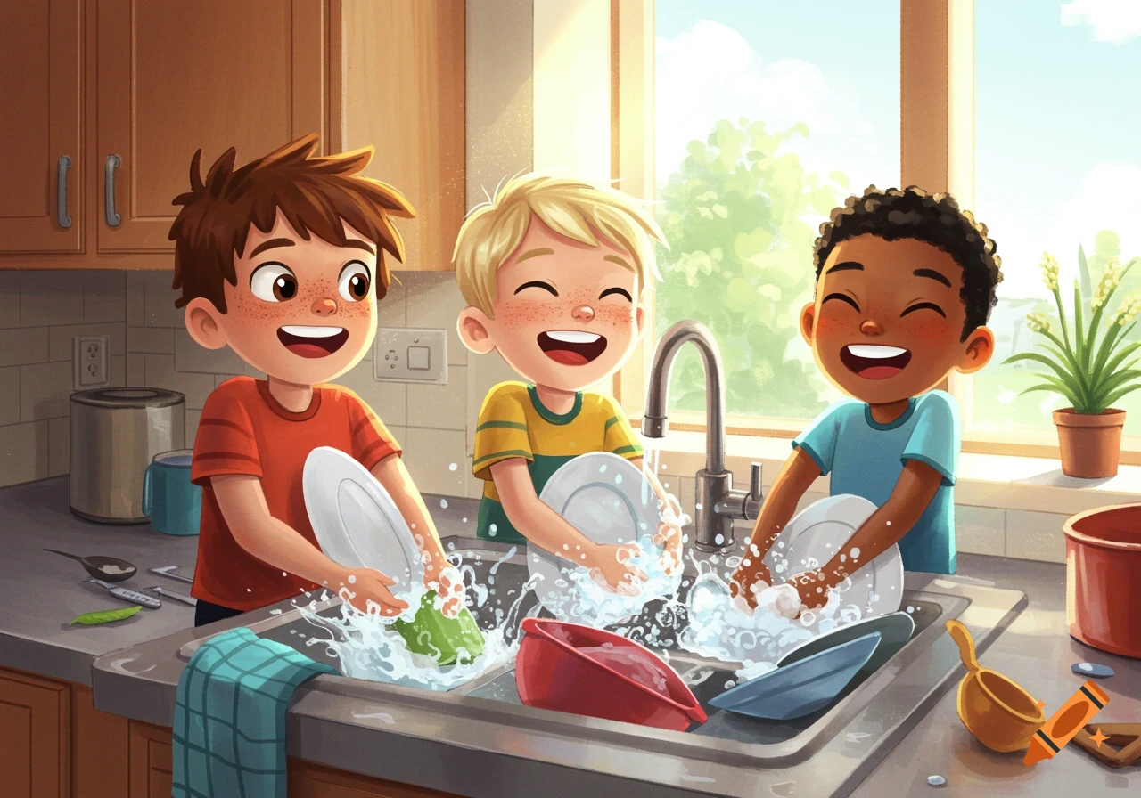 Three happy cartoon boys are washing dishes in a sunny kitchen sink.