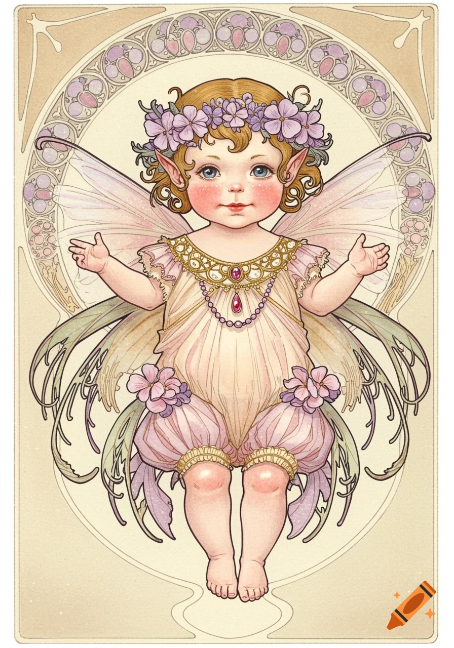 Art Nouveau illustration of a baby fairy with flower crown, jewelry, and delicate wings