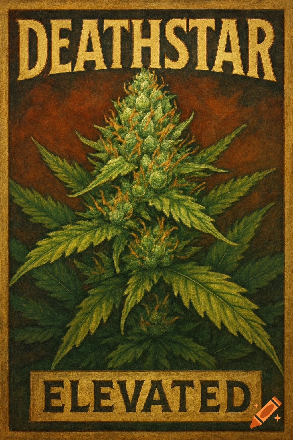 Illustration of a cannabis bud with text labels 'DEATHSTAR' and 'ELEVATED'.