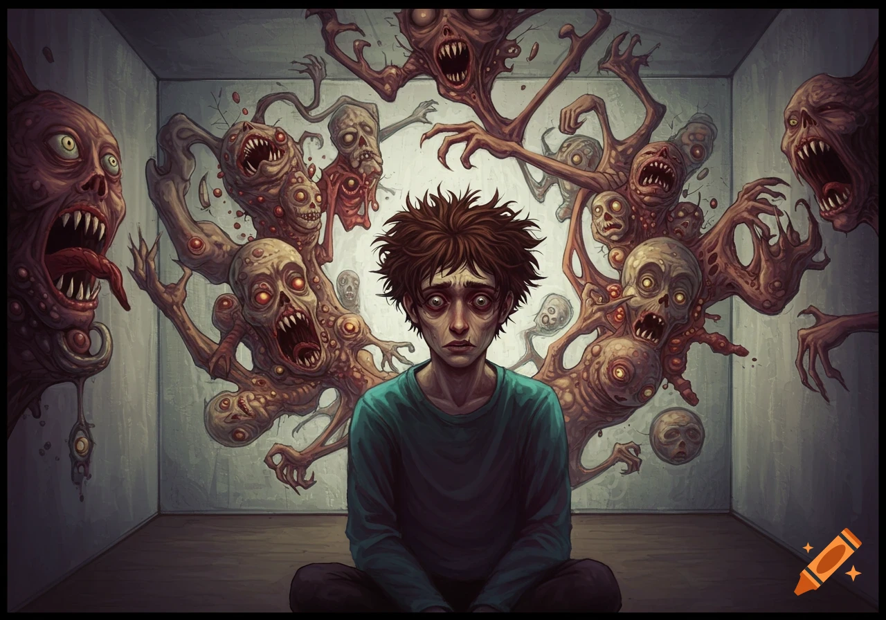 Illustration of a scared person surrounded by grotesque monsters.
