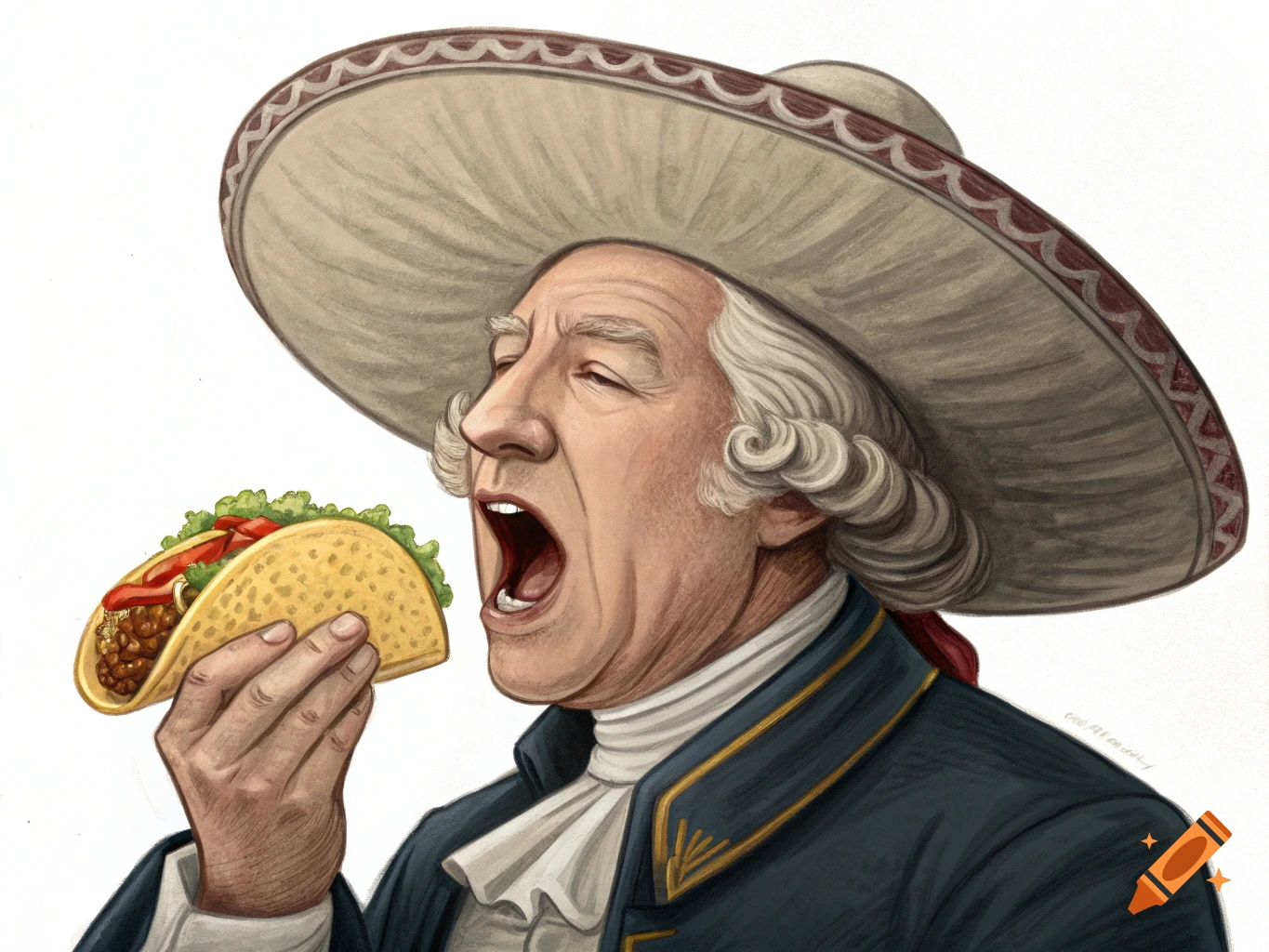 Illustration of George Washington wearing a sombrero and eating a taco.