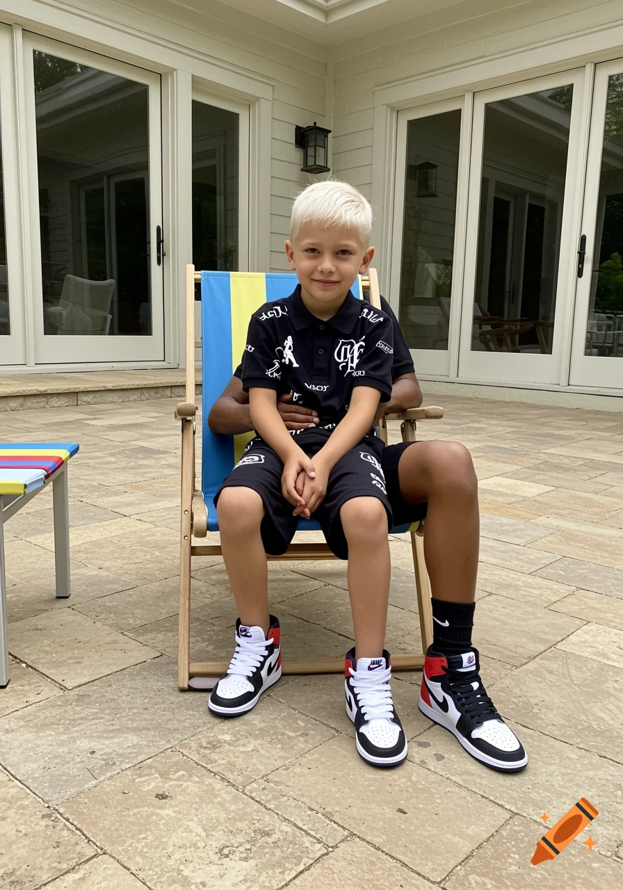 A child with a bleached buzzcut sits on an adult's lap outdoors, wearing a black designer shirt and shorts, and Jordan shoes.