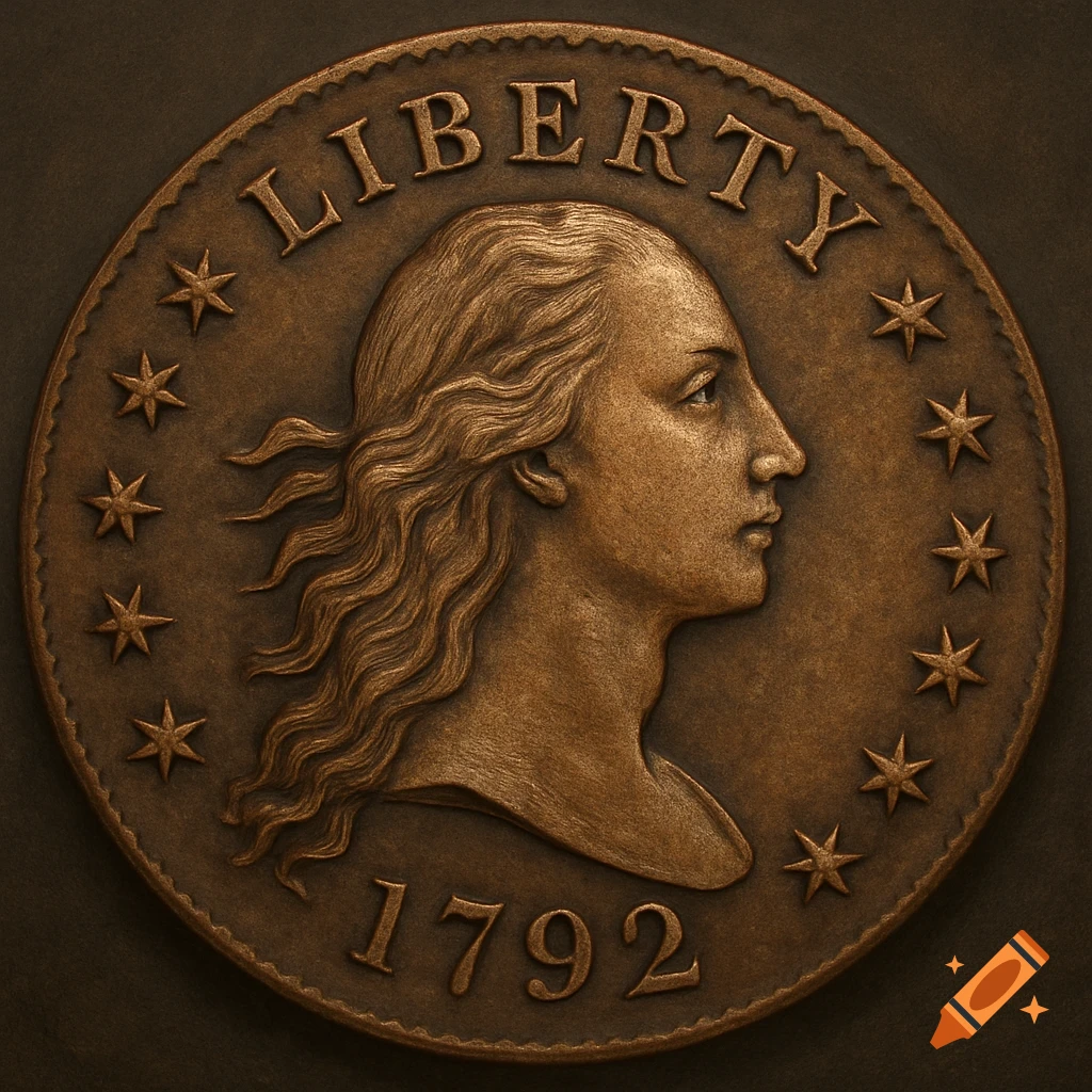 Close-up of a bronze coin with a classical portrait and the text LIBERTY and 1792.