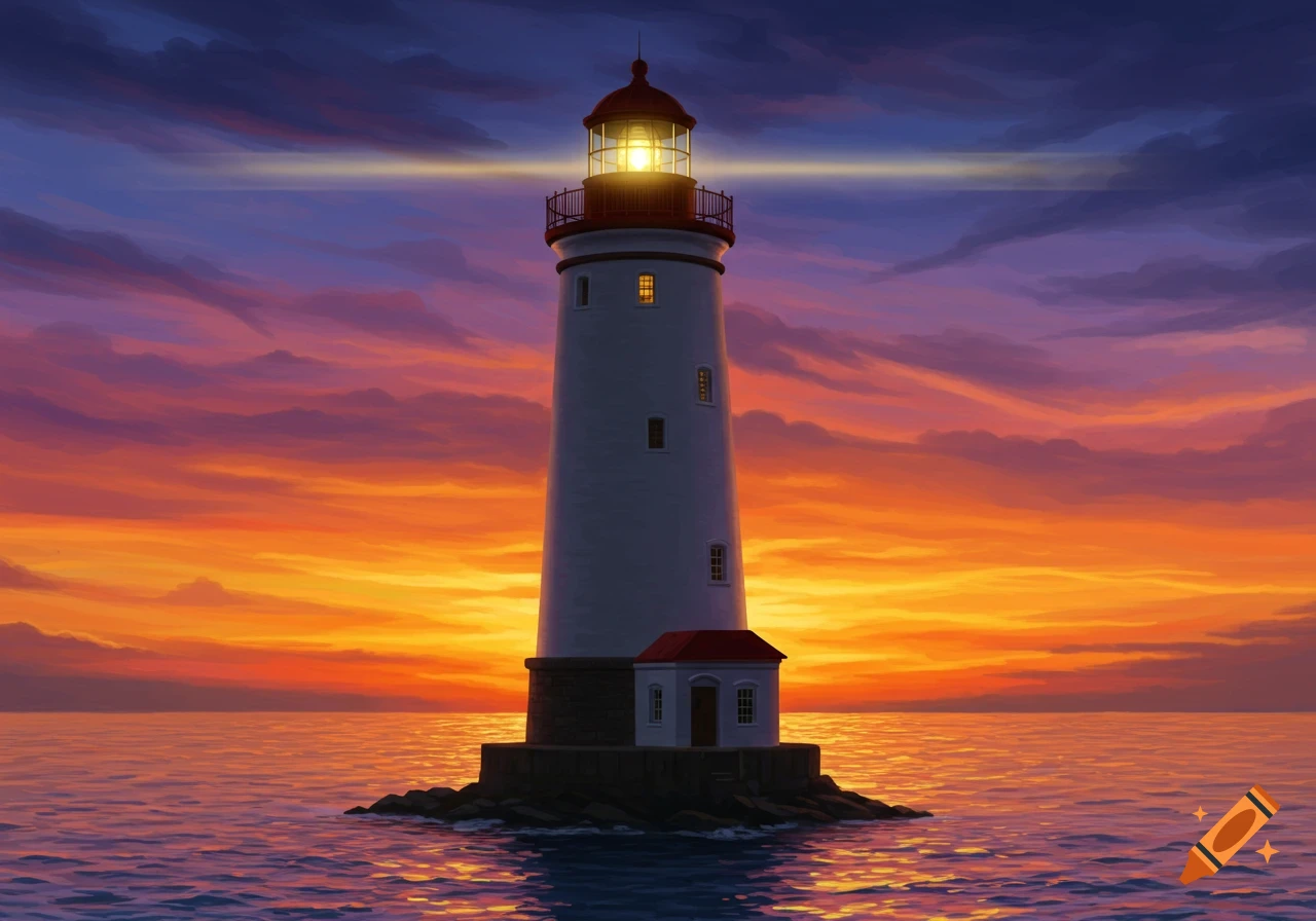Illustration of a lighthouse on a rocky island at sunset.