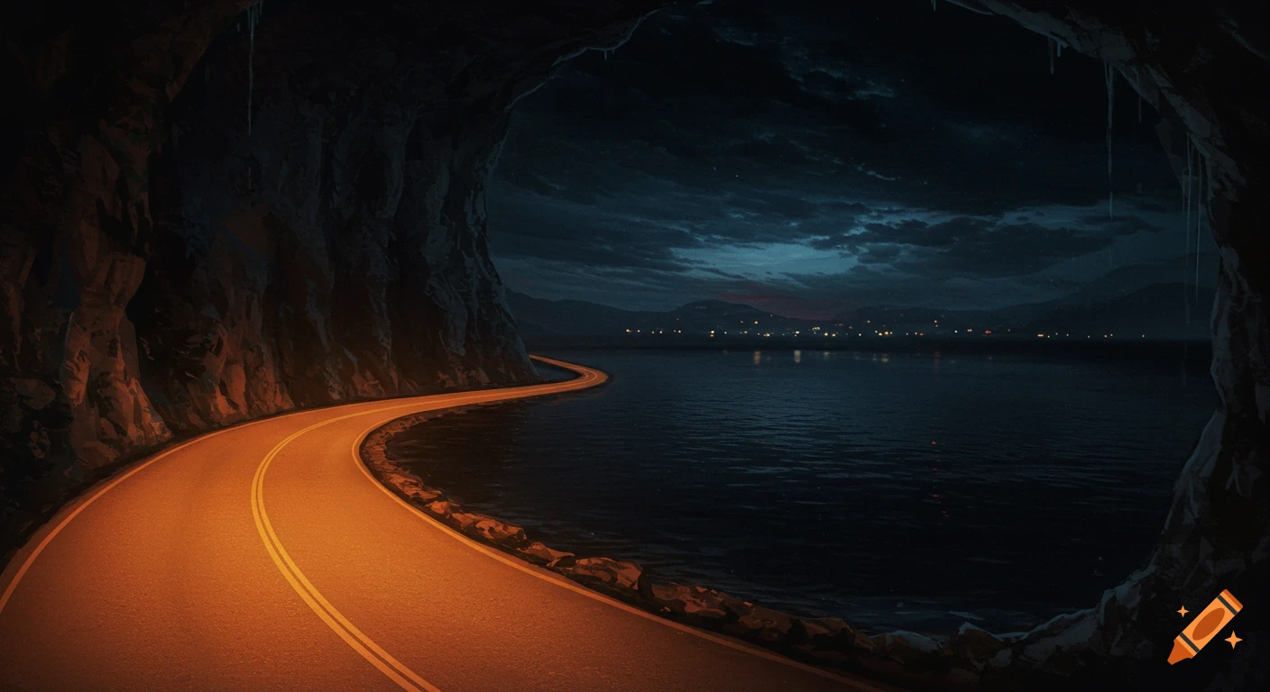 A winding road leads into a dark cave beside a large, dark lake with distant lights and mountains under a cloudy sky.