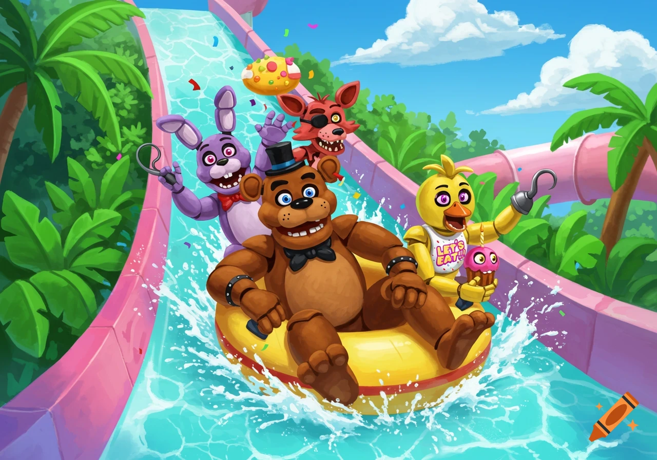 Cartoon illustration of Freddy, Bonnie, Chica, and Foxy riding down a water slide on a tube.