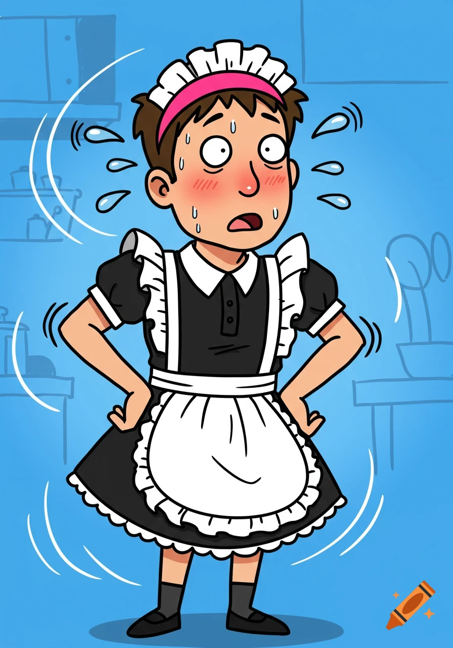 Cartoon person in a maid costume sweating