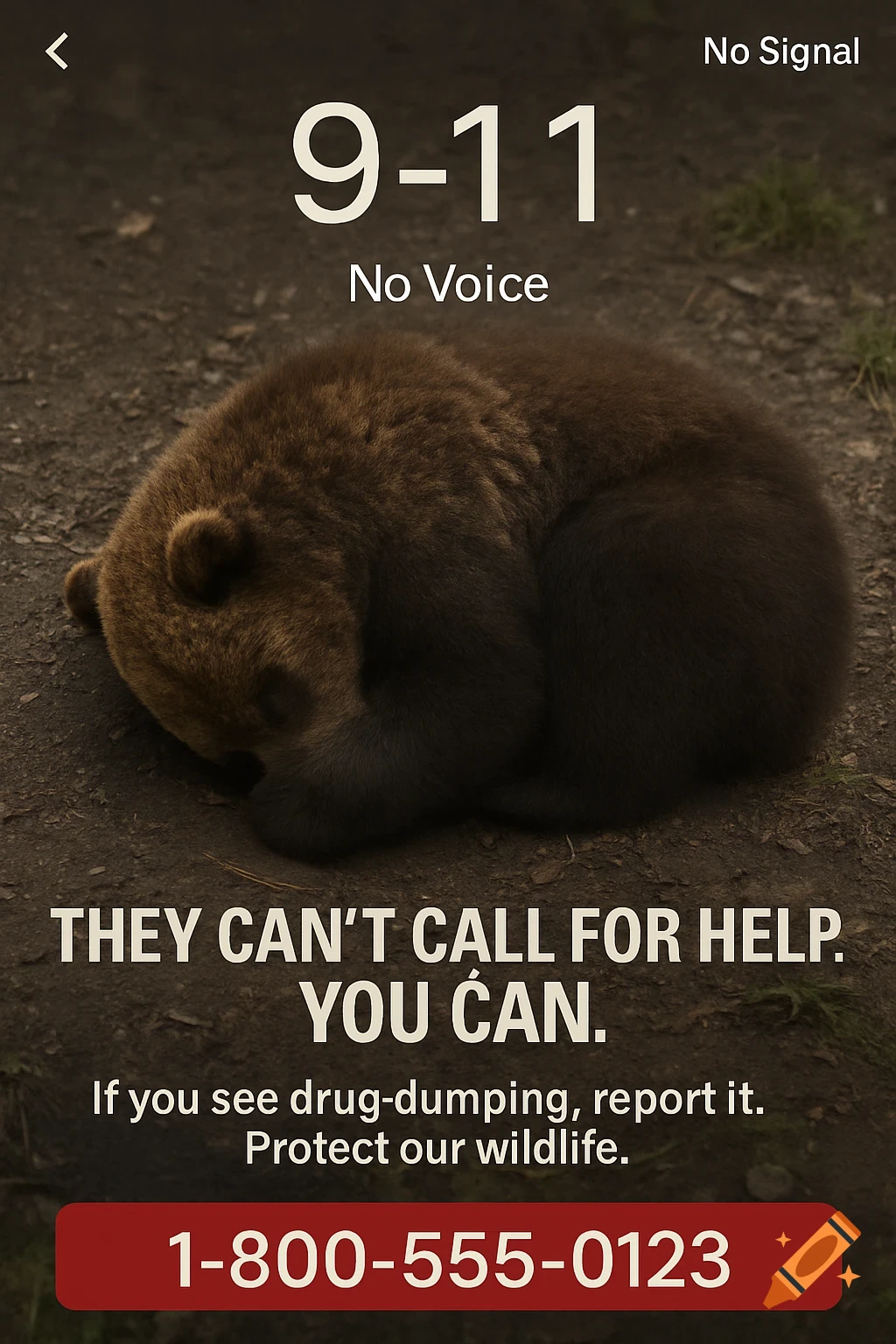 A sleeping bear cub with overlaid text reading "9-11 No Voice No Signal" and an ad about reporting drug dumping to protect wildlife.