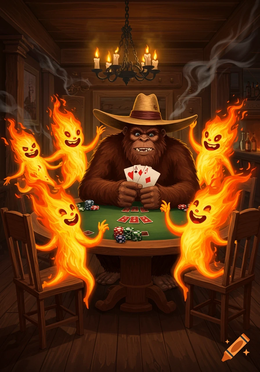 Sasquatch playing poker with friendly fire creatures in a dimly lit room.
