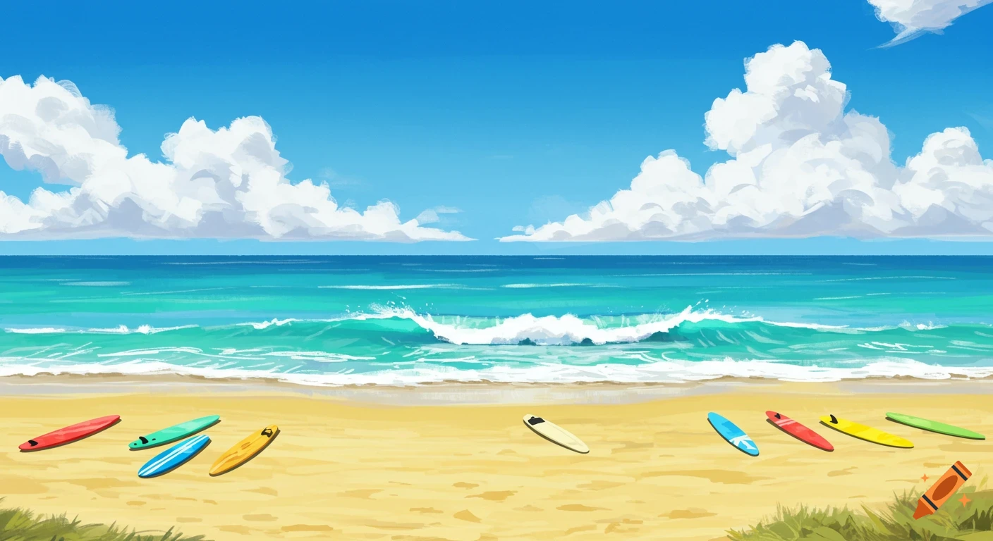 Stylized illustration of a beach scene with colorful surfboards resting on the sand.