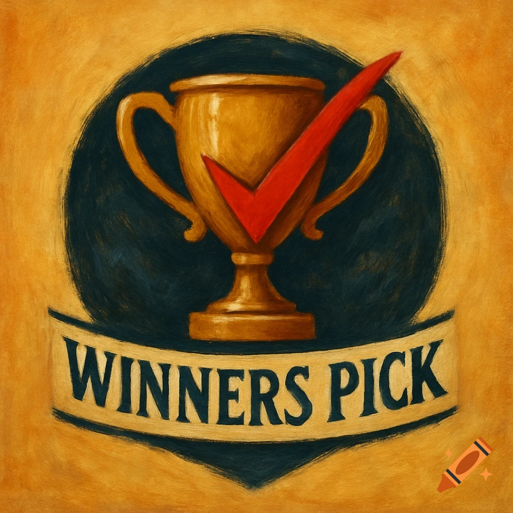 Logo of a golden trophy with a red checkmark and a banner reading 'WINNERS PICK' in a painted style.