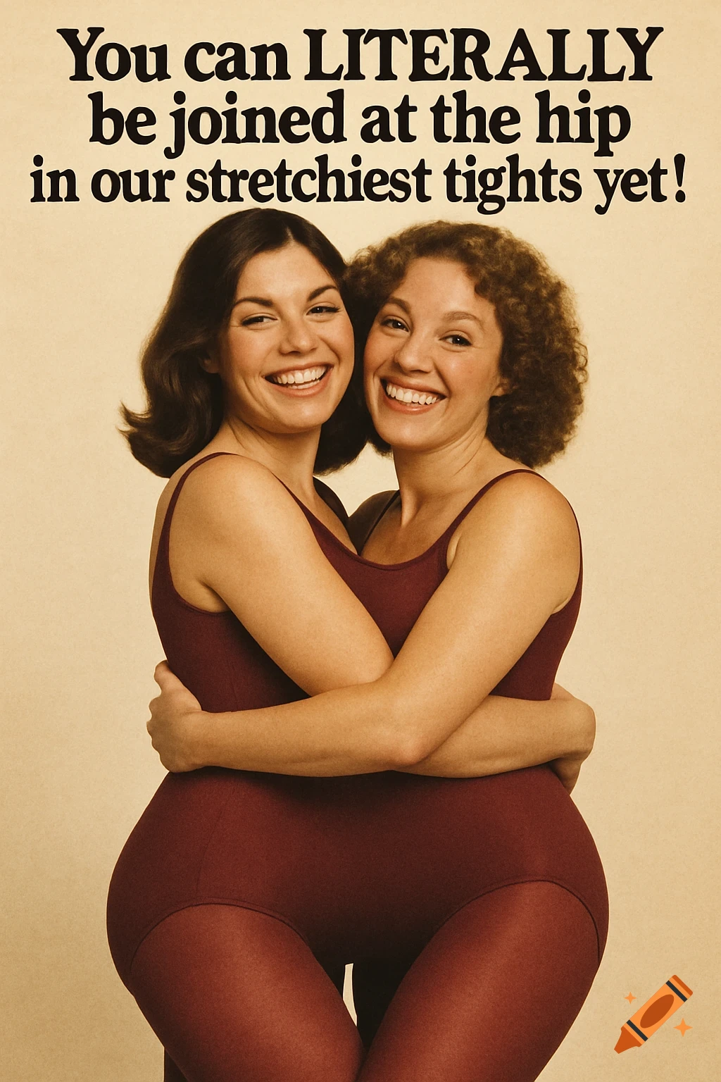 Vintage ad of two women in tights and leotards creating a 'joined at the hip' illusion with text.