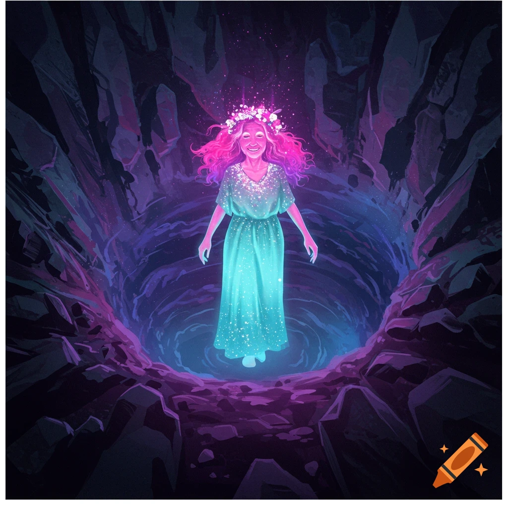 Glowing figure with pink hair and flower crown in a dark cave