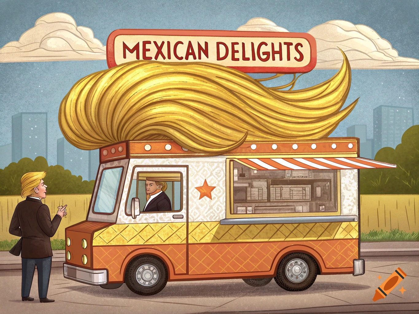 Cartoon illustration of a food truck with a large blonde hairdo on top, labeled "MEXICAN DELIGHTS". A figure resembling Donald Trump stands next to it, and another figure resembling him drives.